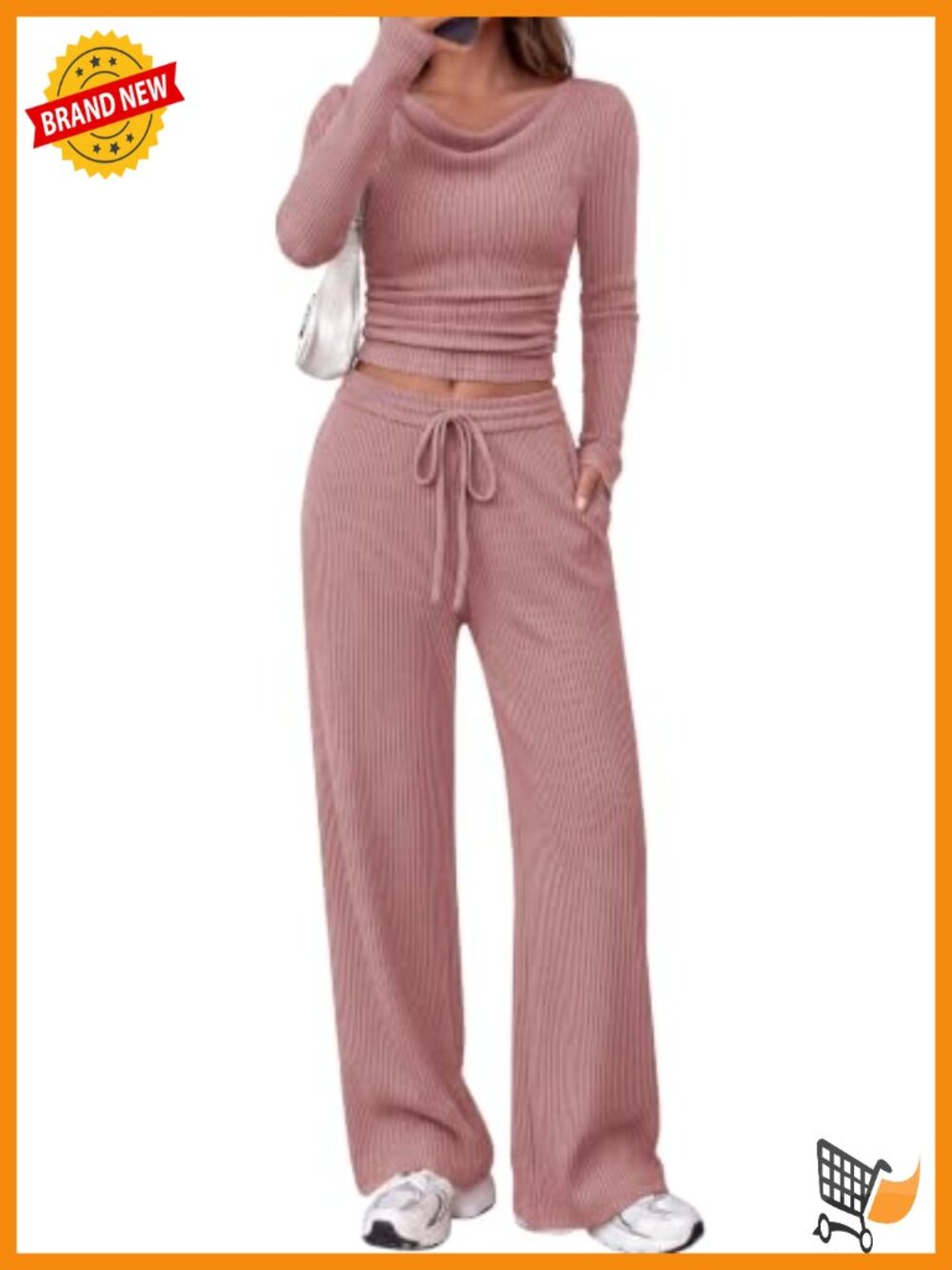 Ribbed 2 Piece Lounge Set Long Sleeve Cowl Neck & Wide Leg Pants